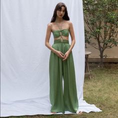 Heavy Satin Jumpsuit Style: Urban Casual Occasion: Casual Fabric: Polyester:100% Color: Green Brand New High-waisted Evening Jumpsuits And Rompers For Summer, High Waist Jumpsuits And Rompers For Summer Evenings, Strapless High-waist Jumpsuit For Summer Evenings, Summer Evening Strapless High-waist Jumpsuit, Elegant Solid Strapless Jumpsuit For Beach, Green Summer Evening Jumpsuits And Rompers, Chic Green Strapless Jumpsuit For Summer, Green Strapless Jumpsuits For The Beach, Green Fitted Strapless Jumpsuit For Summer