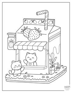 a coloring page with an image of a bear and strawberry juice carton on it