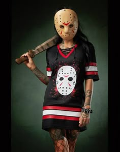 Straight from Camp Crystal Lake comes this officially licensed Jason Voorhees Hockey Dress. Wear this black and red dress, adorned with Jason’s famous hockey mask and “Voorhees” print on the back, and you’ll be ready to slash into any Halloween bash! Officially licensed Includes: Jason Voorhees hockey dress Lace-up neckline Elbow-length sleeves Length: About 33” from shoulder to hem Material: Polyester Care: Cold wash Imported Junior fit Note: Stockings, shoes and mask sold separately Girl Jason Halloween Costume, Jason Makeup Halloween Friday The 13th, Jason Vorhees Costume, Jason Halloween Costume, Hockey Player Costume, Jason Voorhees Costume, Jason Horror, Halloween Friday The 13th, Halloween Jason