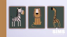 three pictures of animals are hanging on the wall