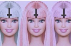 three barbie dolls with cross on their foreheads, one blonde and the other pink