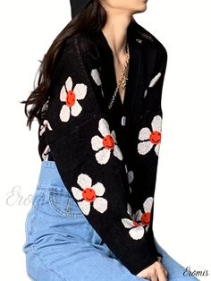 Eromis - Chic Floral Print Button-Up Cardigan - Stylish Long Sleeve Knitwear Perfect for Spring & Fall, Womens Fashion Fall Womens Fashion, Sleeve Detail, Spring And Fall, Deep V Neck, Deep V, Knitted Fabric, Collar Styles, Knitwear, Button Up