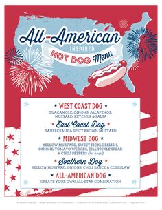 an american hot dog menu with fireworks in the background