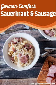 two bowls filled with sausage and pasta on top of a wooden table next to a cutting board