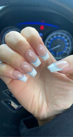 2023 Nails French Tip, Acrylic Nails Double French Tip, White With Light Blue Nails, Cute French Tips Nails Acrylic, Cute Nail Ideas Light Blue, Blue And White Hoco Nails, Coffin Light Blue French Tip Nails, Blue And White French Tip Nails Acrylic, Light Blue Nails With White French Tips