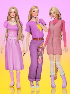 three girls in different outfits standing next to each other on a yellow and pink background