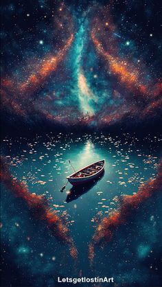 a boat floating on top of a body of water under a sky filled with stars