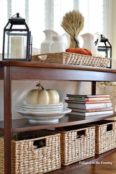 7 Simple Kitchen Fall Decor Ideas (to Try This Season) - Calypso in the Country Fall Console Table Decor, Console Table Decor, Unique Garden Art, Couple Pillow, Pretty Storage, Console Table Decorating, Fall Front Porch Decor