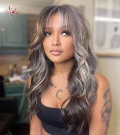 Hair Inspo Color With Bangs, Highlights On Top Dark Underneath, Half Grey Half Brown Hair, Dark Grey Money Piece Hair, Hair Color Ideas Fair Skin Blue Eyes, Cute Hairdos With Bangs, Brown Hair Colors With Bangs, Hot Hair Colors 2024, Blonde Halo On Dark Hair