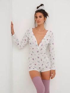 Pointelle Onesie — White | For Love & Lemons Long Sleeve Lingerie, White Long Sleeve Romper, Cozy Season, Wedding Lingerie, Pink Design, Feminine Beauty, Long Sleeve Romper, Rose Print, Stretchy Fabric