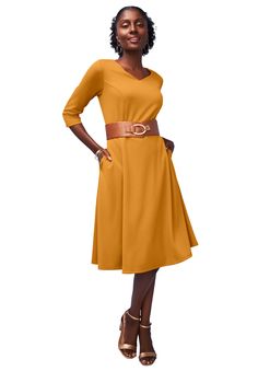 Meet the new sweetheart of your workwear rotation—the fit and flare dress. This versatile piece transitions seamlessly from desk to dinner on any day of the week. Simply swap your blazer for a stylish shawl as you head to your dinner date.  Sweetheart necklineA-line silhouette3/4 sleeveWaist seamSide pockets44" lengthPolyester/rayonMachine washableImported | Plus Size Women's SWEETHEART NECKLINE PONTE DRESS by Jessica London in Rich Gold (Size 24 W) Wear To Work Dress, Pretty Shorts, Ponte Dress, Beauty Dress, Dinner Date, Sweater Dress Midi, Ladies Of London, Dress 16, Ruched Dress