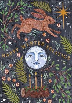 a card with an image of a rabbit and moon in the middle, surrounded by greenery