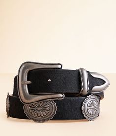 Wrangler® Western Concho Leather Belt - Black Large, Women's Black Embossed metal and fur 1 1/2 leather belt Interchangeable buckle. Due to the nature of leather/suede, small variances of color in the skin may occur, this is in no way considered a defect. These are inherent characteristics of leather/suede and will enhance the individual look of your garment.. Genuine leather. Real Fur: Cow hair. Apparel & Accessories Women Western Belt, Cool Belts, Western Belts For Women, Black Western Belt, Concho Belts, Cowgirl Belt, Cool Belt Buckles, Womens Belts, Cowgirl Belts