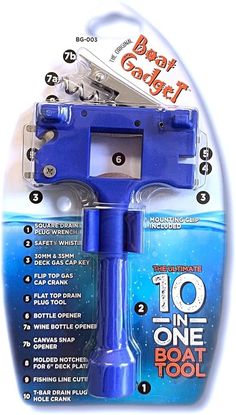 a blue plastic boat tool with instructions on the front and back side for use in boats