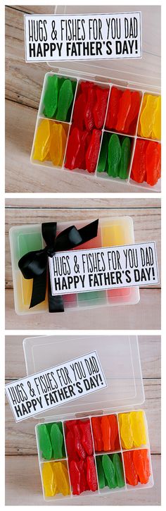 four different colored gummy bears in a box with happy father's day stickers