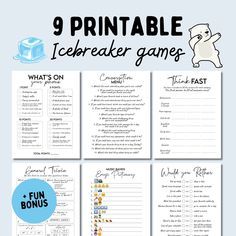 the 9 printable icebreaker games are on display in front of a blue background