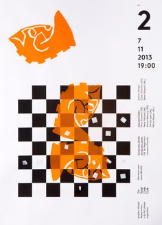 an orange and black poster with two fish on it's back side, in front of a white background