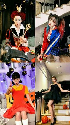 the collage shows several women dressed up in halloween costumes and posing for pictures on stairs