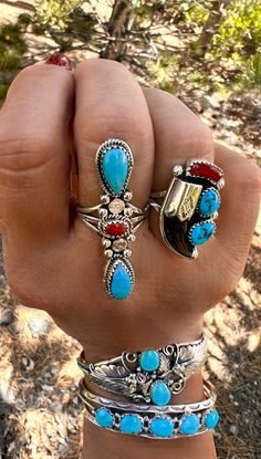 🐺We have one gorgeous, sturdy, well-made coyote claw ring left, double turquoise claw ring A (SIZE 8.5, 1 1/16" LONG AND 3/4" WIDE, 4.80 GRAMS)🐺 🐺BEAUTIFUL NAVAJO HANDCRAFTED AND SIGNED BH BY THE ARTISAN BETTY HAWTHORNE AND HALLMARKED 925 STERLING SILVER RING WITH TURQUOISE AND CORAL. 🐺 🐺The ring illustrated with the letter A is the exact ring you will be receiving. We are expecting coyote claw pendants any day now now. The rings and pendants make a fabulous set and will definitely make a s Luxury Elegant Untreated Turquoise Ring, Navajo Turquoise Jewelry Eagle Rock Trading Post, Turquoise Jewelry Outfit, Turquoise Diamond Rings, Turquoise Heart Necklace, The Letter A, Claw Ring, Turquoise Jewelry Native American, Turquoise And Coral