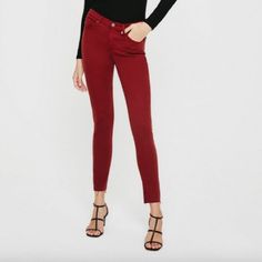 Brand New With Tags! Same Exact As Pic. Super Stretch! Mid-rise Burgundy Fall Pants, Mid-rise Burgundy Pants For Fall, Burgundy Mid-rise Pants For Fall, Mid-rise Red Pants For Fall, Red Mid-rise Pants For Fall, Red Fitted High-waisted Jeans, Burgundy Casual Bottoms For Night Out, Red Stretch Mid-rise Pants, Red Mid-rise Work Pants