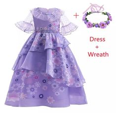 a purple dress with flowers on it and a flower crown next to it, all in different colors