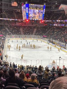 an ice hockey game is being played in a large arena with people watching from the stands