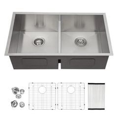 stainless steel double bowl kitchen sink with grid strainers and drainers, accessories included