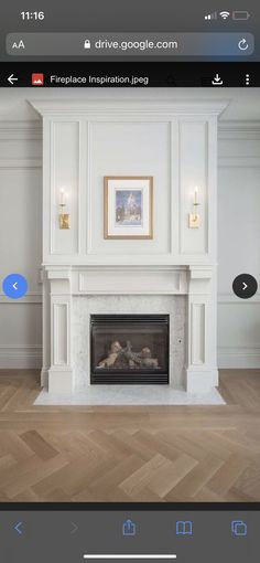 an image of a living room with fireplace and pictures on the wall, in front of it