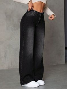 ♡ Black Straight Leg Jeans Outfit, Black Denim Jeans Outfit, Fancy Pants Outfit, Cool Style Outfits, Dope Fashion Outfits, Black Wide Leg Jeans, Neat Casual Outfits, Black Denim Pants, Straight Denim Jeans