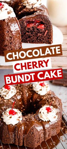 chocolate cherry bundt cake on a cooling rack with one slice cut out and the other half eaten