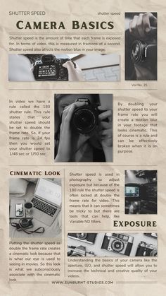 a page with photos and text on it that says, camera basicss info sheet