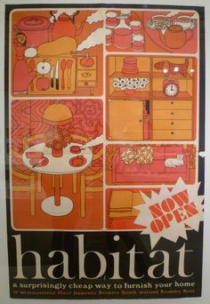 an advertisement for habitat, featuring furniture and decor in oranges and pinks with the words habitat on it