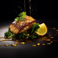 a piece of fish on top of some greens and lemons with oil pouring over it