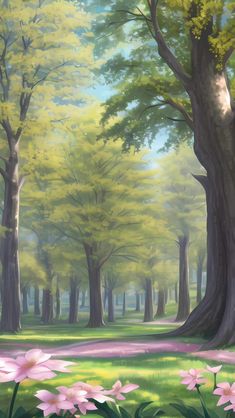 a painting of trees and flowers in a park