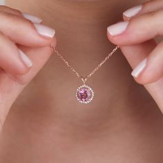 Check out our DeylanFineJewelry store for the very delicate and outstanding Necklaces and Rings.   ♡ PRODUCT FEATURES    - All items are handmade - Material Options: 8K Gold, 14K Gold, Sterling Silver - Color Options: Yellow Gold, Rose Gold, White Gold - Necklace Length Options: 40 cm / 16 Inches, 45 cm / 18 inches, 50 cm / 20 inches, 55 cm/ 22 inches - Gemstone Options: CZ Diamond - Pink Topaz: 1 pce / 6.00 MM  - Round Diamond: 24 pcs / 0.10 ct / 1.00 MM - Total Number of Stones: 25 - Total CTW: 0.10 Ctw - Diamond Color-Clarity: F-G Color SI Clarity ✰ Important Note; - All diamonds stones are natural, not lab-created. ♡ PACKAGING   - All orders come in our high-quality packaging that is gift-ready. If you want to add a gift message, you can contact me via message.   ♥ Gift Packaging - All Fine Jewelry Necklace With Halo Setting As Gift, Fine Jewelry Round Birthstone Necklace With Gemstone Accents, Fine Jewelry Wedding Necklaces With Accent Stones, Delicate Jewelry With Halo Setting For Gift, Delicate Jewelry With Halo Setting As Gift, Round Pendant Jewelry With Accent Stones For Gift, Dazzling Round Birthstone Jewelry, Delicate Halo Setting Jewelry For Gift, Dainty Round Gemstone Necklace