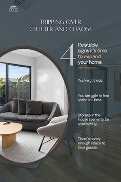 a living room filled with furniture next to a window and a wooden table in front of it