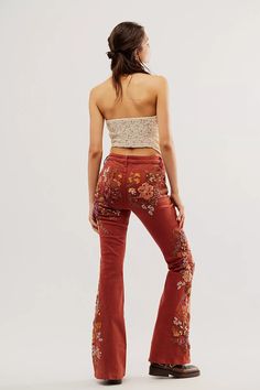 Driftwood Farrah Embroidered Flare Jeans | Free People Unique Rave Outfits, All Jeans, Red Fits, Embroidered Jeans, Vintage Inspired Design, Bottom Clothes, Pocket Design, Boho Outfits, Floral Embroidery