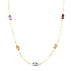 14K Yellow Gold Multi-Gemstone Paperclip Chain Weight: 2.72 GramsStone Size: 6x4mmStone Type: Amethyst, Citrine, Garnet, Peridot and Blue TopazStone Cut: BaguetteClasp Type: LobsterChain Length: 17 inches Royal Chain, Semi Precious Necklace, Paperclip Necklace, Rainbow Gemstones, Gold Polish, Metal Bracelets, 14kt Gold, Chain Bracelet, Blue Topaz