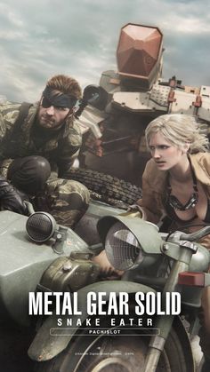 metal gear solid snake eater is sitting on a motorcycle with another man in the background