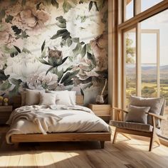 a bedroom with a large floral wallpaper and wooden furniture in front of a window