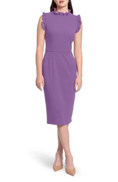 A cap sleeve woven sheath dress features a frilly ruffled trim on the neckline. . Ruffled mock neck. Cap sleeves. Hidden back zip closure. Solid. Woven construction. Imported Maggy London, Purple Heart, Polished Look, Cap Sleeve, Sheath Dress, Mock Neck, Cap Sleeves, Nordstrom Rack, Dresses For Work