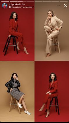 four women sitting on stools and posing for the camera, all in different outfits