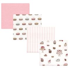 three pieces of pink and white fabric with cupcakes on them, one in the middle