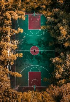 an aerial view of a basketball court surrounded by trees in the fall with leaves on the ground