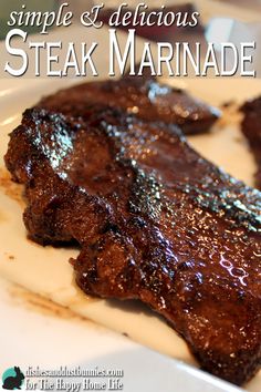 steak marinade on a white plate with text overlay