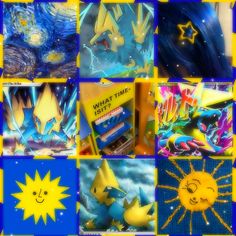 the collage shows different images of pokemons and their respective characters, all in blue and yellow