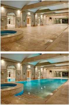 an indoor swimming pool in the middle of a building