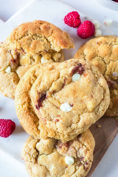 raspberry chocolate chip cookies on a white plate