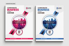 two business brochure covers with cityscape in the middle and below them