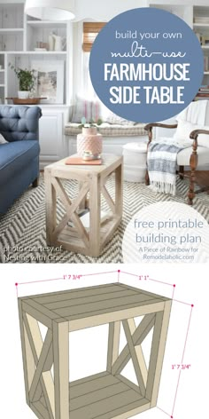 the farmhouse side table is shown with measurements to make it look like it has been built into